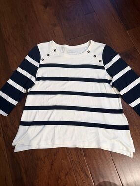 Talbots Navy and White Striped Long Sleeve Tee with Shoulder Buttons
